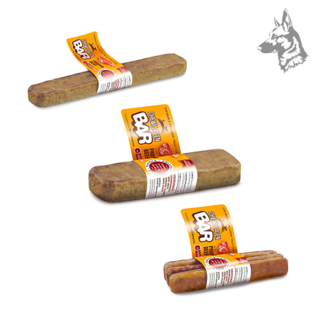 Tres tamaños de barritas de colágeno con ternera, diseñadas para adaptarse a perros pequeños, medianos y grandes.