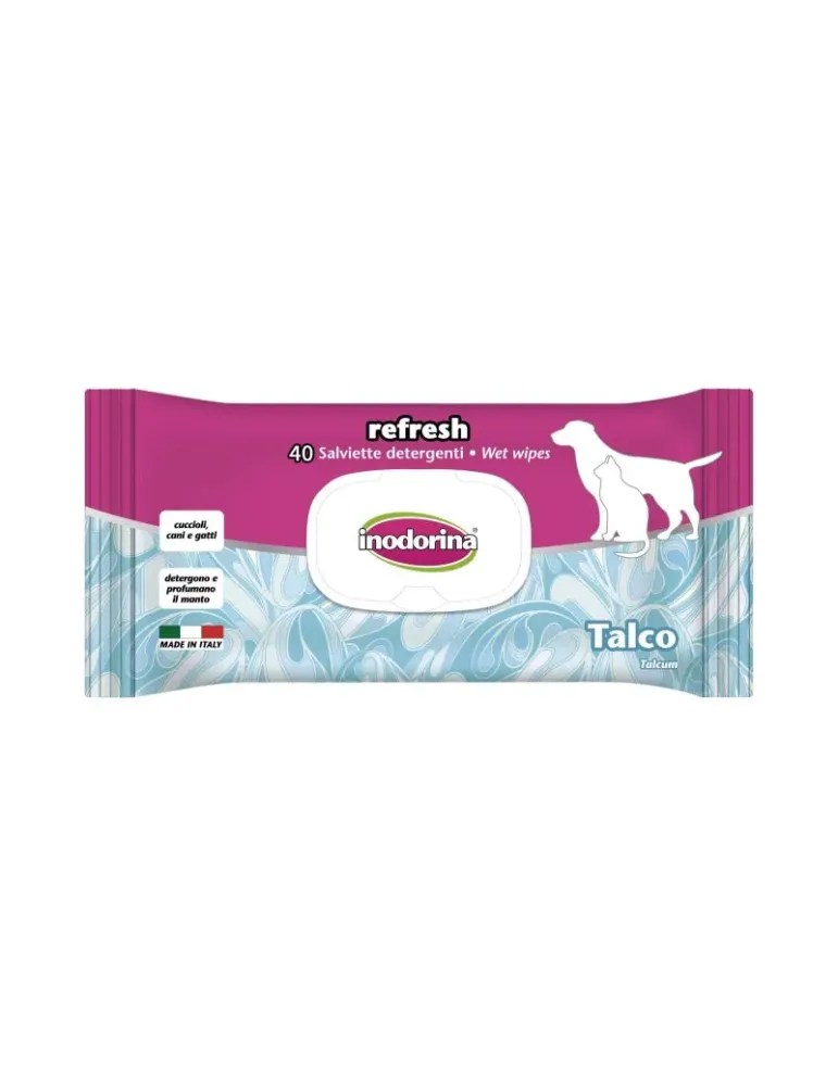 Toallitas húmedas Inodorina para perros y gatos con aroma a talco, limpieza rápida del pelaje, paquete de 40 unidades