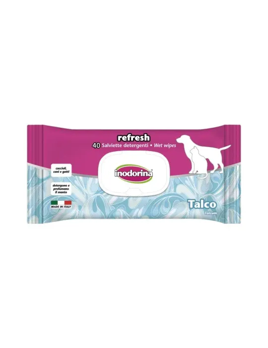 Toallitas húmedas Inodorina para perros y gatos con aroma a talco, limpieza rápida del pelaje, paquete de 40 unidades