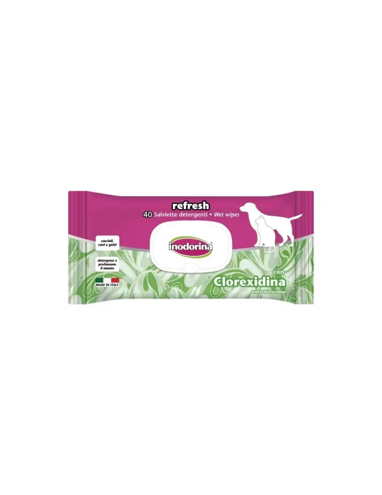 Toallitas húmedas Inodorina con clorhexidina para perros y gatos, limpieza e higiene antibacteriana del pelaje, paquete de 40 un