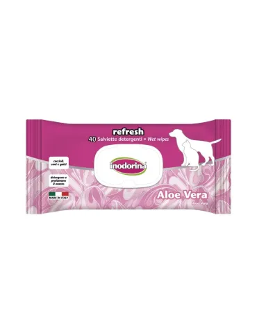 Toallitas húmedas Inodorina con Aloe Vera para perros y gatos, limpieza suave e hidratación del pelaje, paquete de 40 unidades