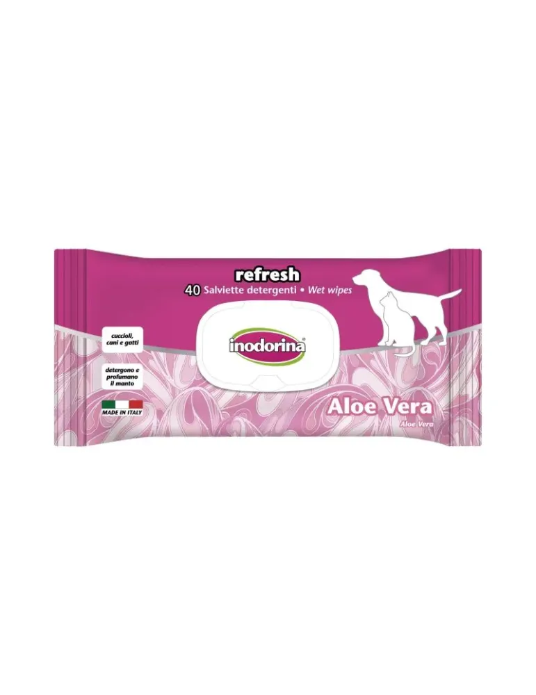 Toallitas húmedas Inodorina con Aloe Vera para perros y gatos, limpieza suave e hidratación del pelaje, paquete de 40 unidades