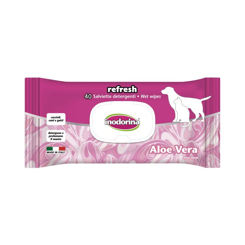 Toallitas húmedas Inodorina con Aloe Vera para perros y gatos, limpieza suave e hidratación del pelaje, paquete de 40 unidades
