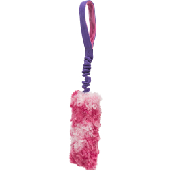 Mordedor elástico Bungee para perros con asa morada y zona de juego rosa de peluche suave, ideal para juegos interactivos