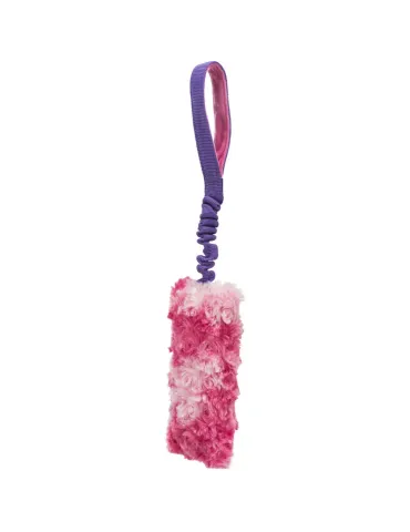 Mordedor elástico Bungee para perros con asa morada y zona de juego rosa de peluche suave, ideal para juegos interactivos