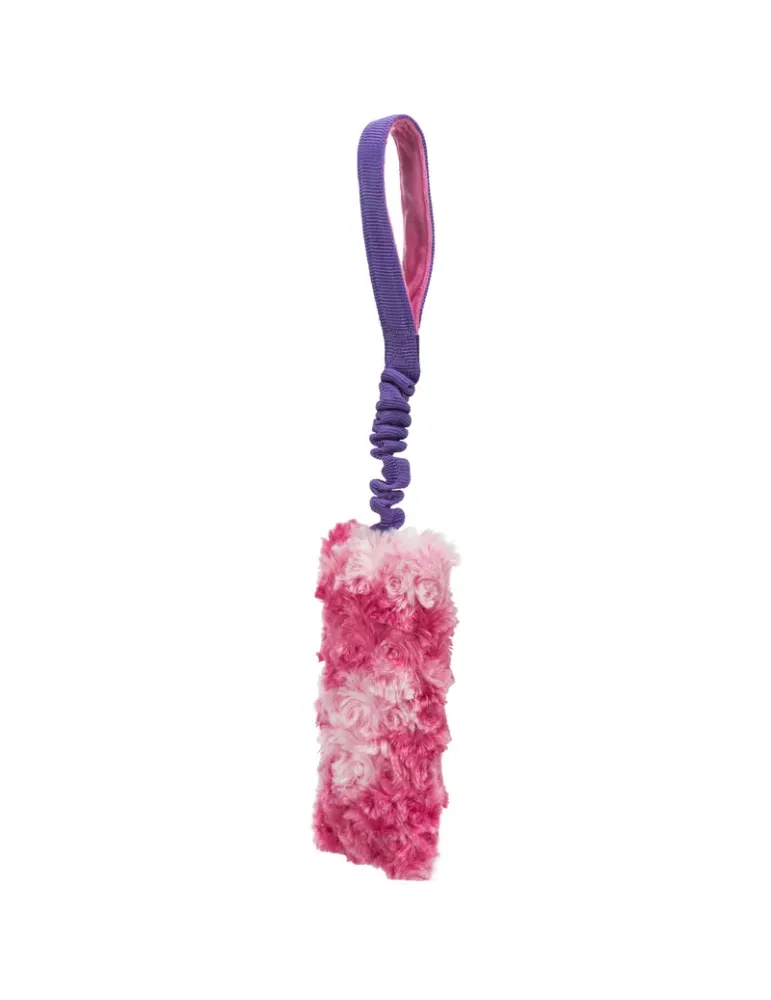 Mordedor elástico Bungee para perros con asa morada y zona de juego rosa de peluche suave, ideal para juegos interactivos