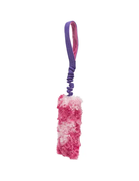 Mordedor elástico Bungee para perros con asa morada y zona de juego rosa de peluche suave, ideal para juegos interactivos
