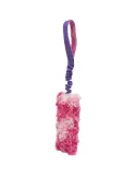 Mordedor elástico Bungee para perros con asa morada y zona de juego rosa de peluche suave, ideal para juegos interactivos