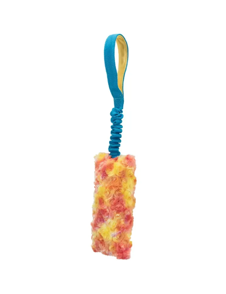 Juguete mordedor Bungee para perros con asa azul y zona peluche multicolor en tonos naranjas y amarillos