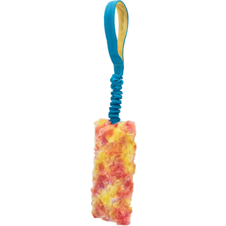 Juguete mordedor Bungee para perros con asa azul y zona peluche multicolor en tonos naranjas y amarillos