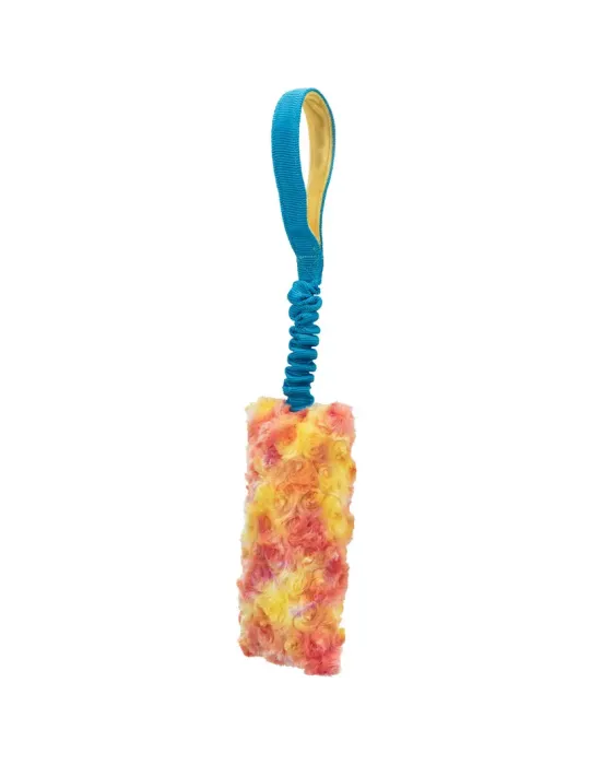 Juguete mordedor Bungee para perros con asa azul y zona peluche multicolor en tonos naranjas y amarillos