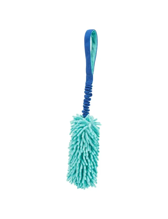 Mordedor elástico Bungee para perros, con asa azul y zona de juego en tela chenilla turquesa, ideal para juegos de arrastre