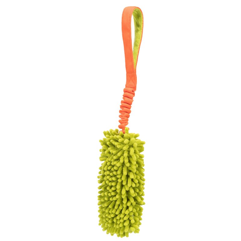 Juguete mordedor elástico Bungee para perros, diseño naranja y verde con asa acolchada y textura suave