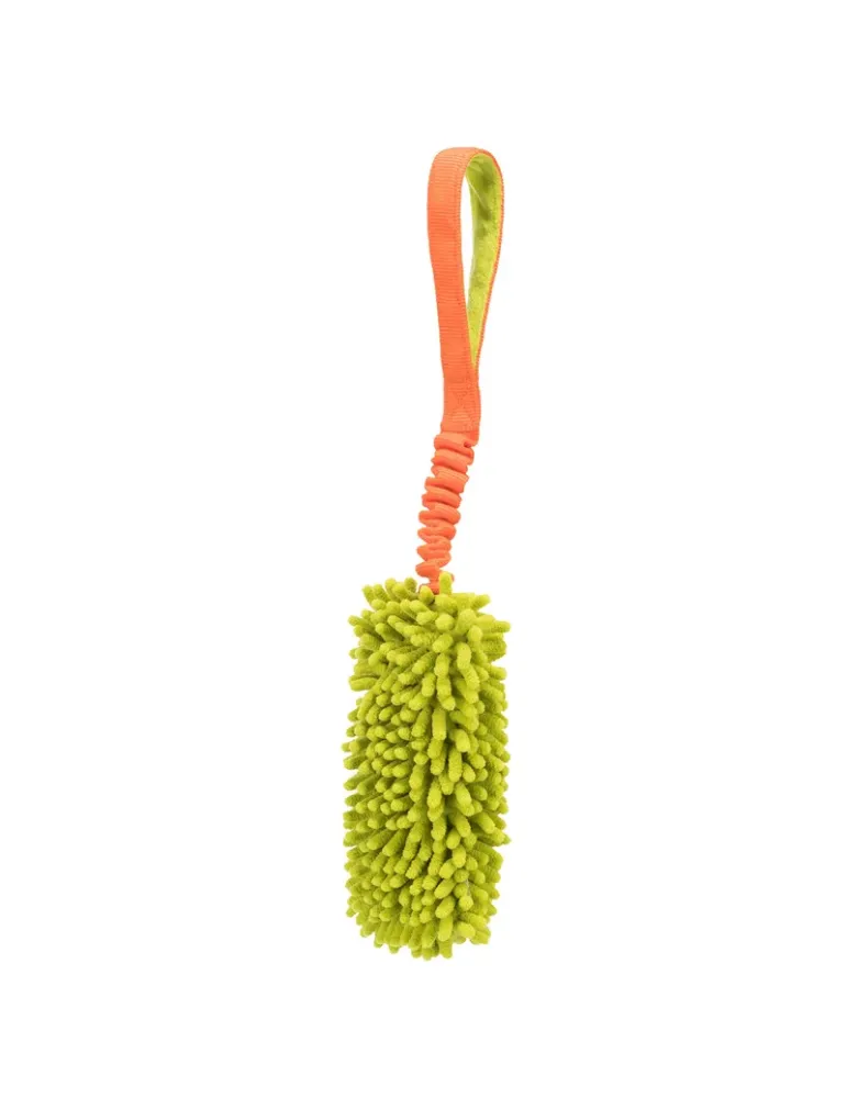 Juguete mordedor elástico Bungee para perros, diseño naranja y verde con asa acolchada y textura suave