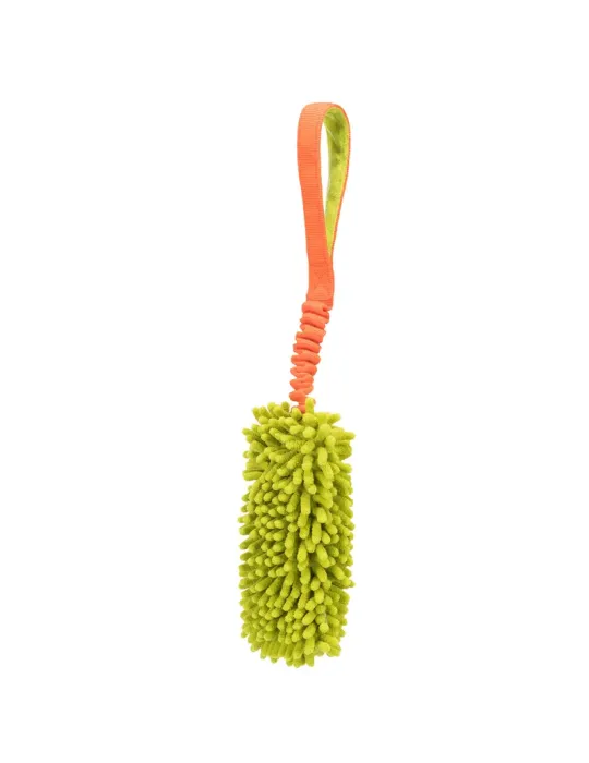 Juguete mordedor elástico Bungee para perros, diseño naranja y verde con asa acolchada y textura suave