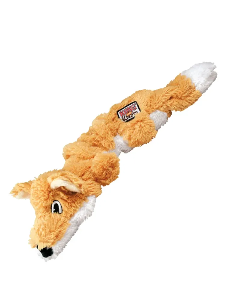 Juguete para perro KONG Low Stuff Flopzie Fox naranja con base ponderada, relleno mínimo y múltiples squeakers.