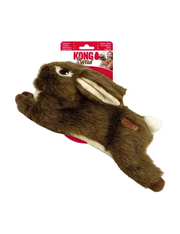 Juguete para perro KONG Wild Low Stuff Rabbit con pelaje marrón, cuerpo alargado y squeaker integrado para juego de agitación.