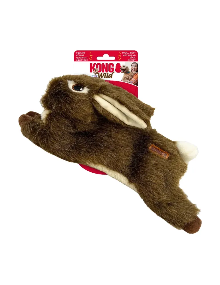 Juguete para perro KONG Wild Low Stuff Rabbit con pelaje marrón, cuerpo alargado y squeaker integrado para juego de agitación.