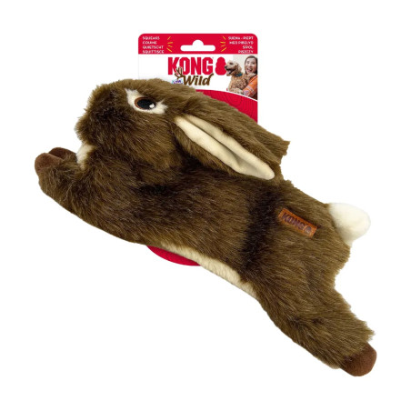 Juguete para perro KONG Wild Low Stuff Rabbit con pelaje marrón, cuerpo alargado y squeaker integrado para juego de agitación.
