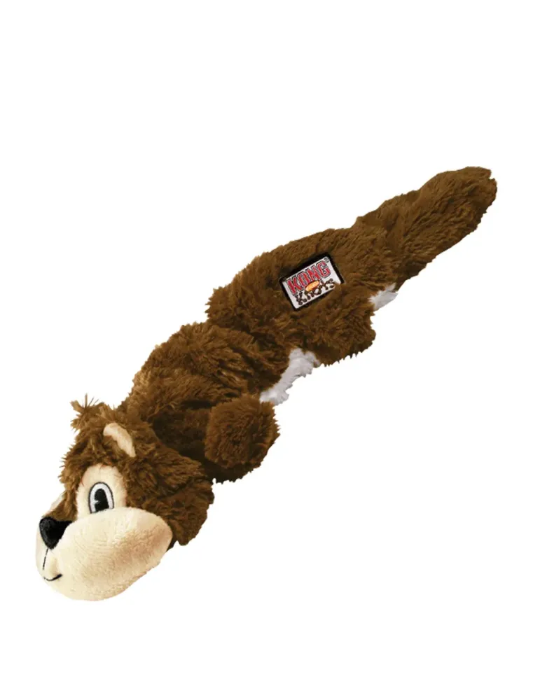 Juguete para perro KONG Scrunch Knots en forma de ardilla marrón, con textura de peluche y cuerda interna.