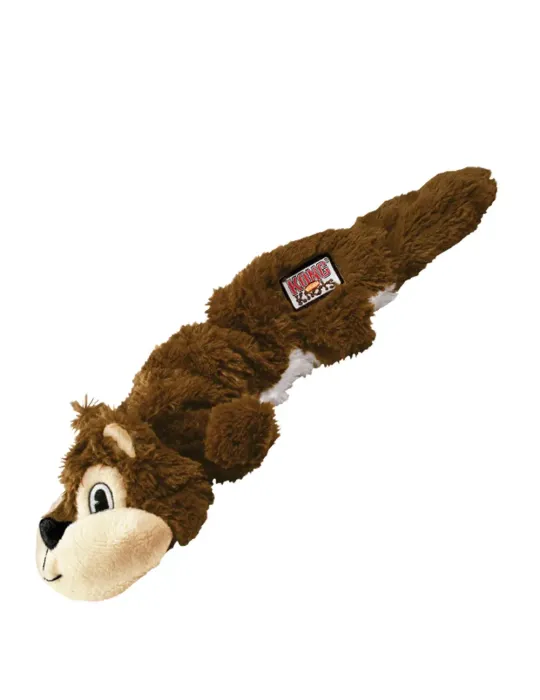 Juguete para perro KONG Scrunch Knots en forma de ardilla marrón, con textura de peluche y cuerda interna.