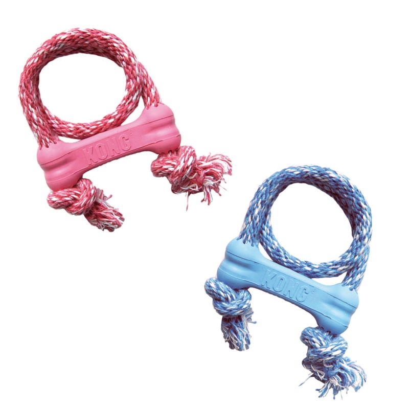 Juguetes KONG Puppy con cuerda en colores azul y rosa, hueso de goma para cachorros, perfectos para la dentición y el entretenim