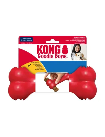 Juguete KONG Goodie Bone rojo en su empaque, ideal para perros medianos, rellenable con snacks