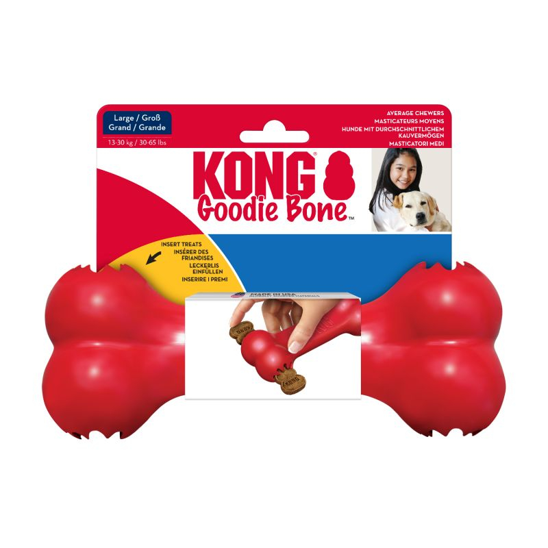 Juguete KONG Goodie Bone rojo en su empaque, ideal para perros medianos, rellenable con snacks