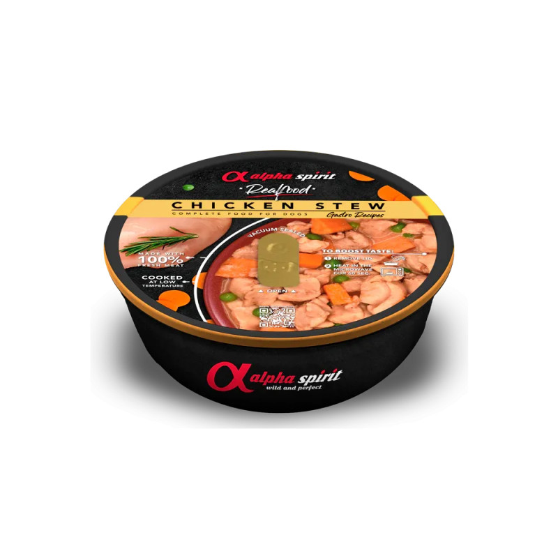 Lata de comida húmeda para perros Alpha Spirit con pollo, guisantes y zanahoria.