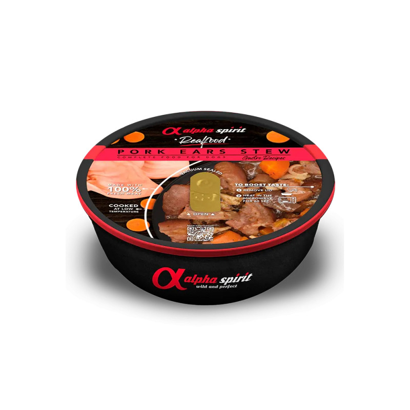 Envase de comida húmeda para perros Alpha Spirit con orejas de cerdo en salsa natural.
