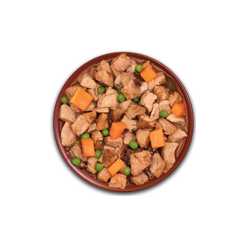 Comida húmeda con pescado fresco, guisantes y zanahorias servida en plato, para perros.