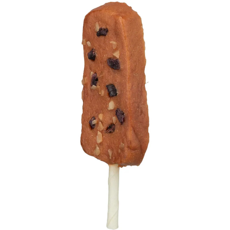 Snack dental para perro en forma de polo, con ingredientes visibles como pato, queso y boniato, diseño atractivo y funcional.