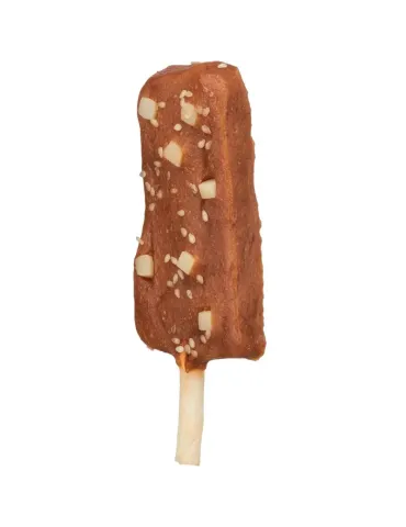 Snack masticable en forma de polo de fresa con frutas visibles para perros.