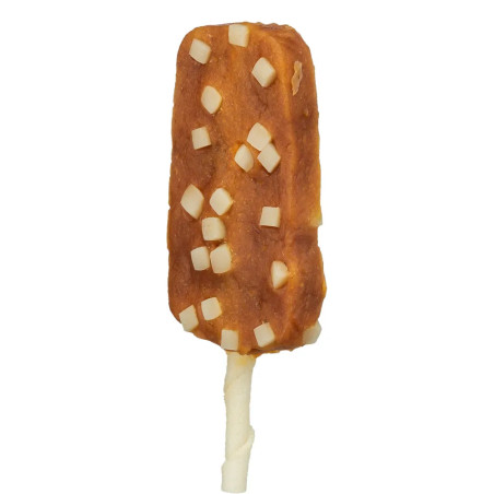 Snack masticable en forma de polo para perro, con ingredientes visibles como pollo y queso, diseñado para la salud dental.