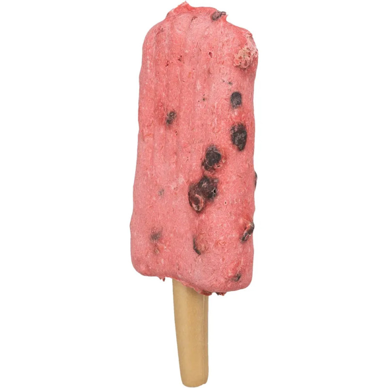 Snack en forma de polo con muslo de pollo visible, color rojo intenso, ideal para perros medianos y grandes.