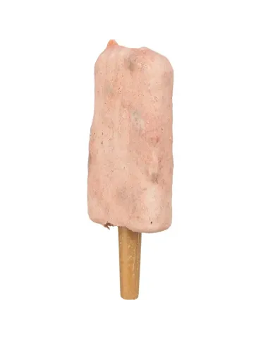 Snack para perros en forma de polo color rosa con muslo de pollo visible, ideal para masticar.