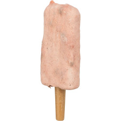 Snack para perros en forma de polo color rosa con muslo de pollo visible, ideal para masticar.