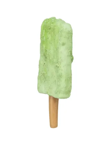 Snack en forma de polo color verde con muslo de pollo integrado, diseñado para perros de tamaño mediano o grande.