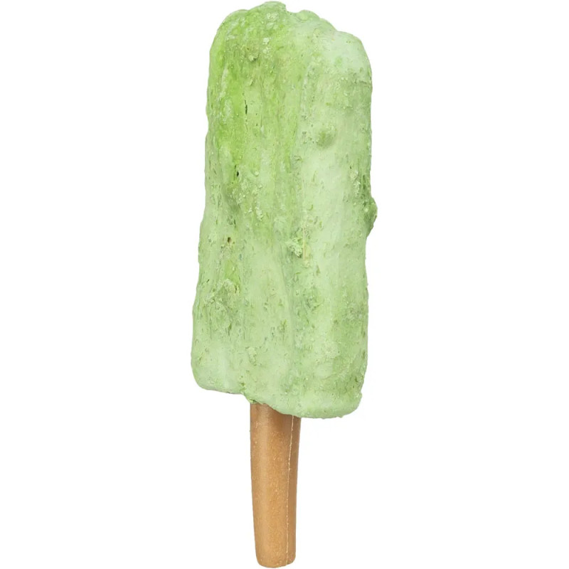 Snack en forma de polo color verde con muslo de pollo integrado, diseñado para perros de tamaño mediano o grande.