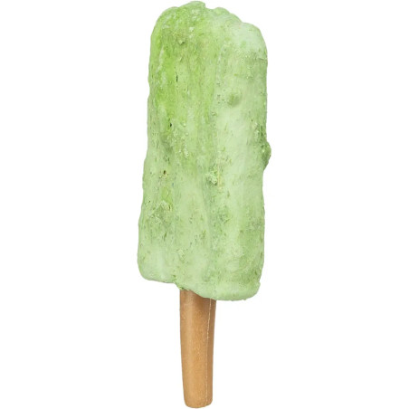 Snack en forma de polo color verde con muslo de pollo integrado, diseñado para perros de tamaño mediano o grande.