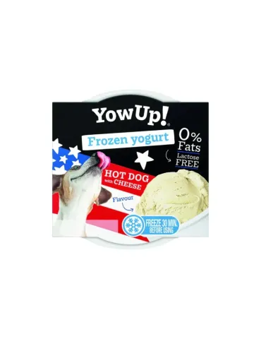 Envase de yogur helado YowUp! sabor hot dog con queso para perros, sin lactosa y sin grasas.