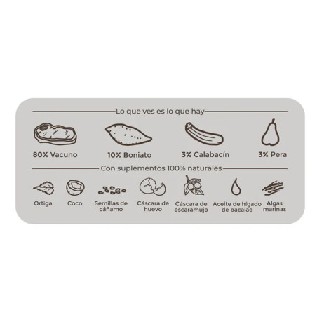 Etiqueta nutricional PuroMenu Maravilla de Vacuno con ingredientes: 80% vacuno, boniato, calabacín, pera y suplementos naturales