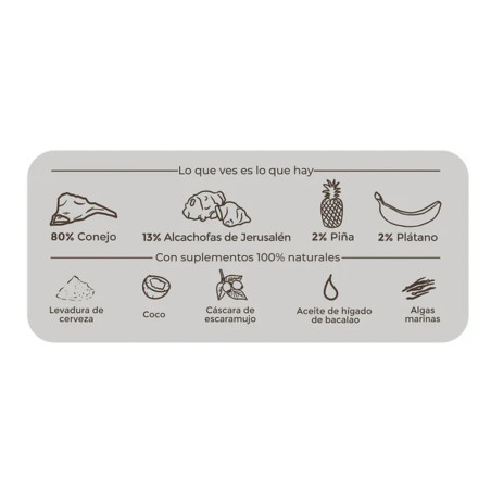 Etiqueta Banquete de Conejo de PuroMenu con ingredientes: 80% conejo, alcachofas de Jerusalén, piña y plátano más suplementos na