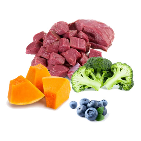 Carne de ciervo, calabaza, brócoli y arándanos – Ingredientes naturales de la receta Ambrosía de Ciervo de PuroMenu.