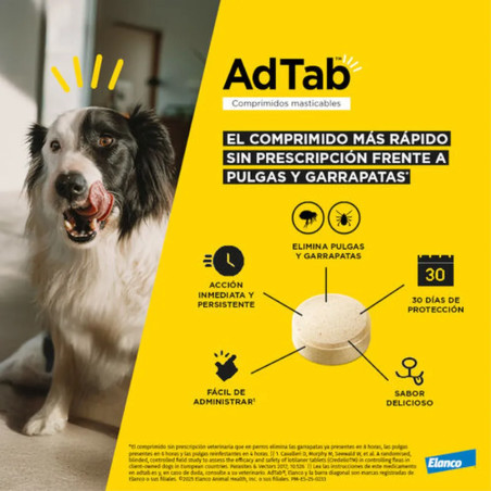 Perro blanco y negro junto a gráfico de beneficios de AdTab: acción rápida, fácil de administrar, sabor delicioso y protección 3