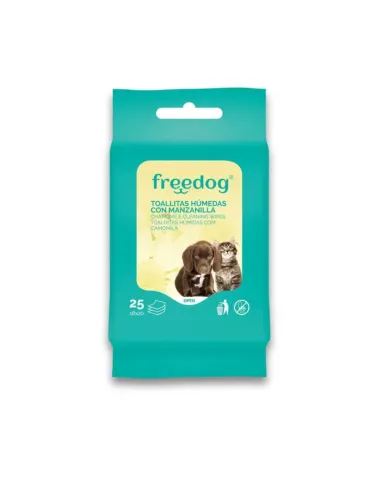 Paquete de 25 toallitas Freedog con manzanilla, ideal para limpiar a perros y gatos con piel sensible o irritada
