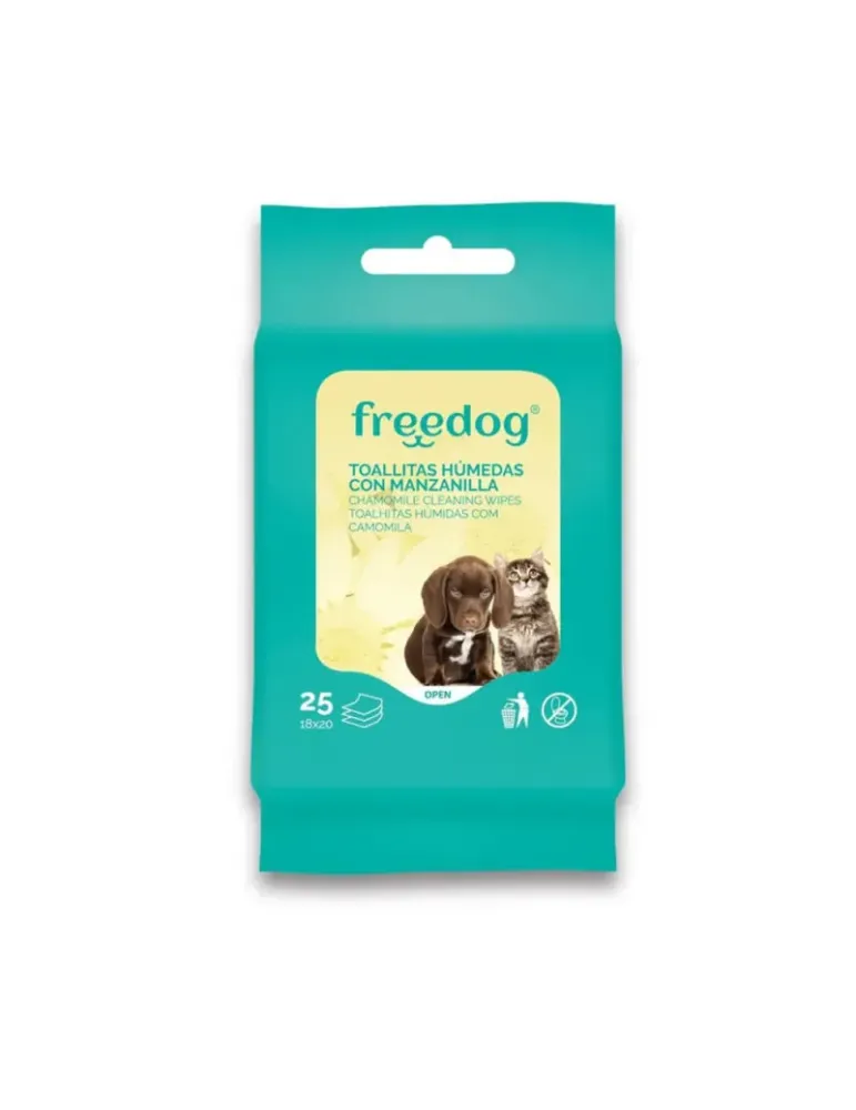 Paquete de 25 toallitas Freedog con manzanilla, ideal para limpiar a perros y gatos con piel sensible o irritada