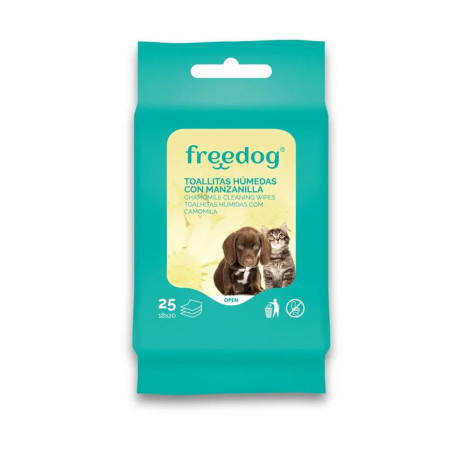 Paquete de 25 toallitas Freedog con manzanilla, ideal para limpiar a perros y gatos con piel sensible o irritada