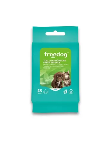 Paquete de 25 toallitas húmedas Freedog Fresh Essence para perros y gatos, con aroma fresco y fórmula suave para limpieza diaria