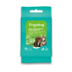 Paquete de 25 toallitas húmedas Freedog Fresh Essence para perros y gatos, con aroma fresco y fórmula suave para limpieza diaria